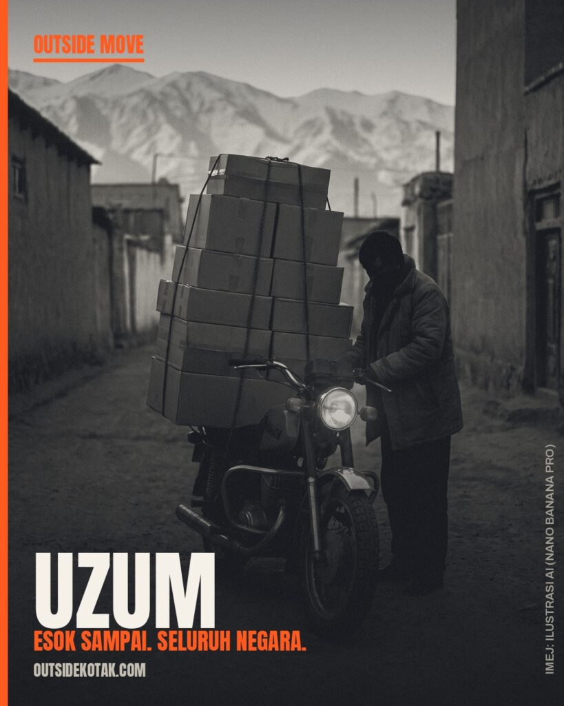 Uzum — poster editorial Outside Kotak (ilustrasi AI)
